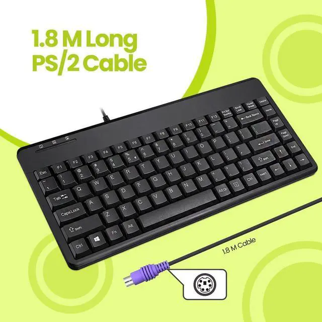 Alt view image 2 of 7 - Pe-ri-xx PERIBOARD-409P Mini PS/2 Keyboard - PS2 Interface - Piano Black Logo-Free Design - US English Layout - 12.40x5.79x0.79 Inch Compact Size - 1.8 meter long cable