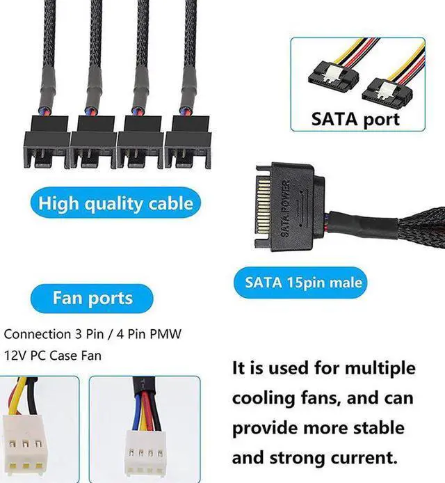 Alt view image 5 of 6 - SATA to 3 Pin 4 Pin Fan Sleeved Power Splitter Cable Adapter,15Pin SATA to 4 x TX3 / TX4 (PWM) 12V PC Case Fan Cooler Y Splitter Power Extension Cord - 10 Inch,Black