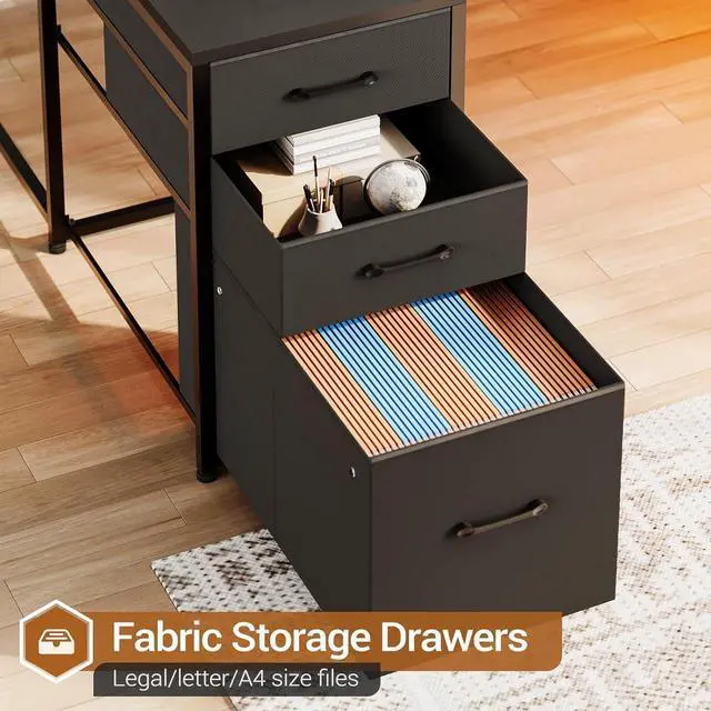 Alt view image 4 of 7 - L Shaped Gaming Desk, Reversible U Shaped Computer Desk with Power Outlet and Storage Shelves, Gaming Desk with LED Strip, 3 Fabric Drawers, Black