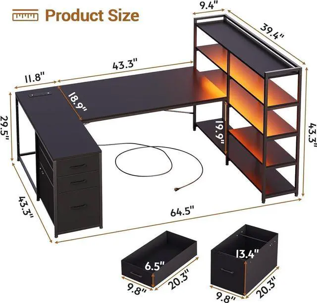 Alt view image 2 of 7 - L Shaped Gaming Desk, Reversible U Shaped Computer Desk with Power Outlet and Storage Shelves, Gaming Desk with LED Strip, 3 Fabric Drawers, Black