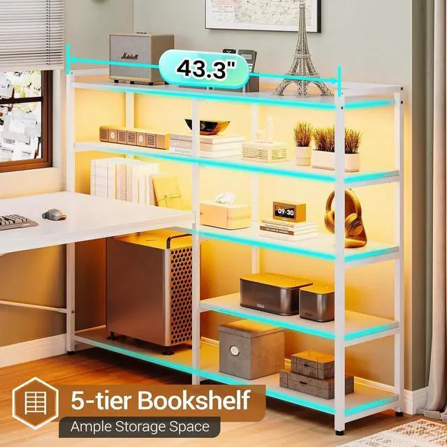 Alt view image 2 of 7 - L Shaped Gaming Desk, Reversible U Shaped Computer Desk with Power Outlet and Storage Shelves, Gaming Desk with LED Strip, 3 Fabric Drawers, White