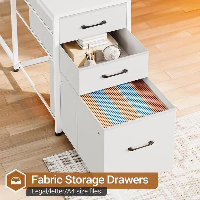 Alt view image 3 of 7 - L Shaped Gaming Desk, Reversible U Shaped Computer Desk with Power Outlet and Storage Shelves, Gaming Desk with LED Strip, 3 Fabric Drawers, White