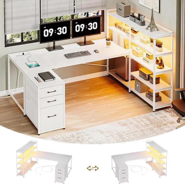 Alt view image 6 of 7 - L Shaped Gaming Desk, Reversible U Shaped Computer Desk with Power Outlet and Storage Shelves, Gaming Desk with LED Strip, 3 Fabric Drawers, White