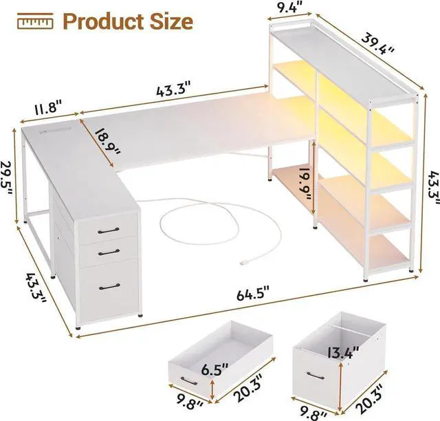 Alt view image 7 of 7 - L Shaped Gaming Desk, Reversible U Shaped Computer Desk with Power Outlet and Storage Shelves, Gaming Desk with LED Strip, 3 Fabric Drawers, White