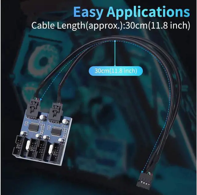 Alt view image 5 of 7 - 4 in 1 Internal USB Splitter Cable, 9 pin USB Header Male 1 to 4 Female Extension Connector Adapter, USB 2.0 HUB Connector Port Multiplier PWM Fan Splitter Cable (30cm/0.98ft)