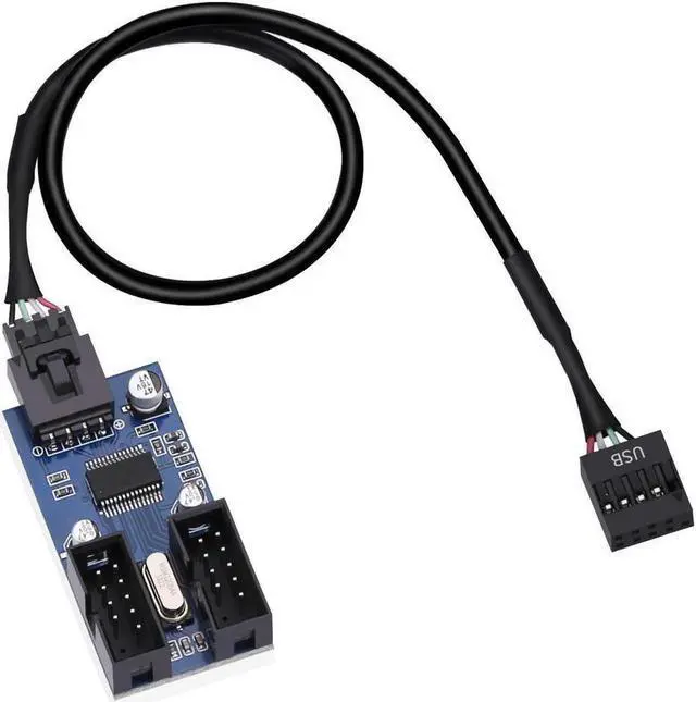 Main image of 9 Pin 2 in 1 Internal USB Splitter Cable, 9 pin USB Header Male 1 to 2 Female Extension Connector Adapter, USB 2.0 HUB Connector Port Multiplier PWM Fan Splitter Cable (30cm/0.98ft)