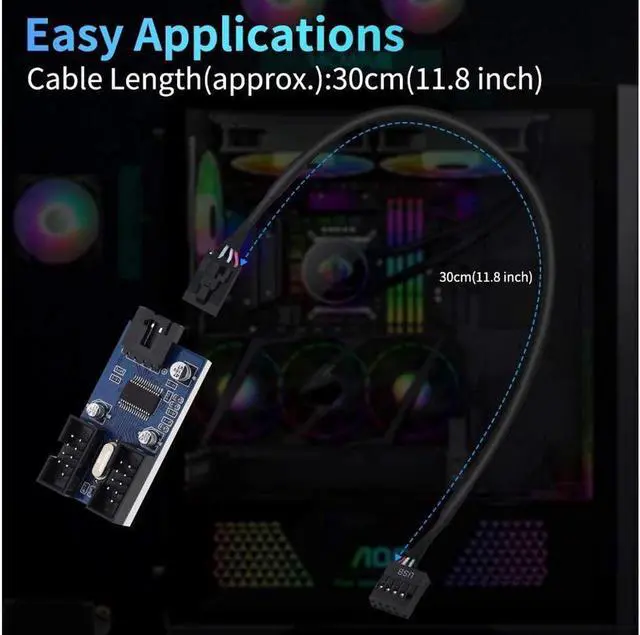 Alt view image 3 of 7 - 9 Pin 2 in 1 Internal USB Splitter Cable, 9 pin USB Header Male 1 to 2 Female Extension Connector Adapter, USB 2.0 HUB Connector Port Multiplier PWM Fan Splitter Cable (30cm/0.98ft)