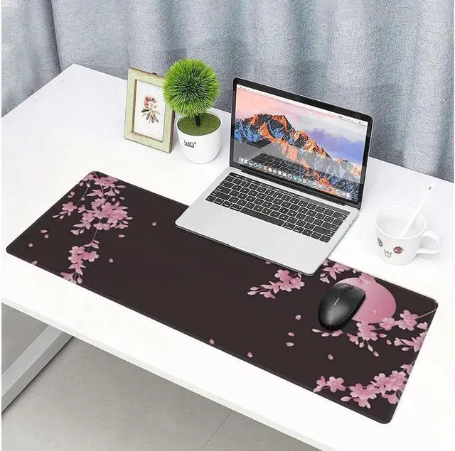 Alt view image 6 of 6 - BUCIER Cherry Blossom Extended Gaming Mouse Pad Non-Slip Rubber Base Pink Large Mousepad 31.5x11.8in with Stitched Edge Waterproof Flower Keyboard Pads Black Desk Laptop Mats for Work/Game/Office