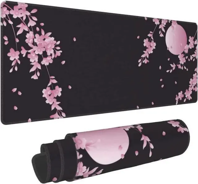 Alt view image 2 of 6 - BUCIER Cherry Blossom Extended Gaming Mouse Pad Non-Slip Rubber Base Pink Large Mousepad 31.5x11.8in with Stitched Edge Waterproof Flower Keyboard Pads Black Desk Laptop Mats for Work/Game/Office