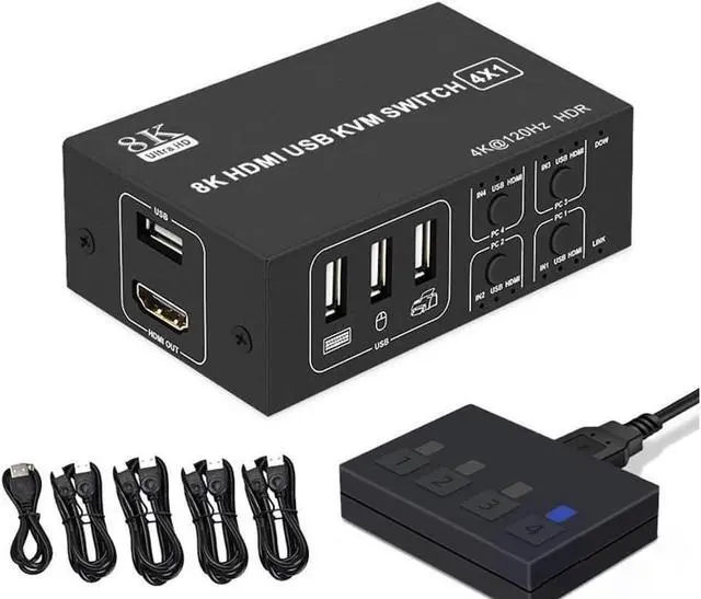 Main image of 4x1 HDMI KVM Switch 4 Port, 8K @60Hz 4K@120Hz HDMI USB KVM HDMI Switch Share 4 Computers with One Monitor One-Button Swapping, 4 in 1 Out KVM Switcher for PC Laptop with 4 USB Cables 1 Power Cable