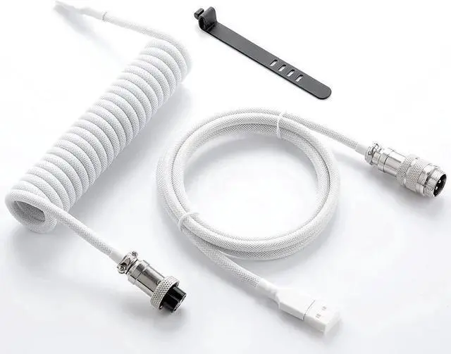 Main image of BUCIER Custom Coiled USB C Cable for Gaming Keyboard, Double-Sleeved Mechanical Keyboard Cable with Detachable Metal Aviator, 1.5M USB-C to USB-A, White Color