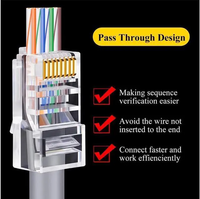 Alt view image 2 of 7 - RJ45 Connector Cat6 Cat5 Terminals Gold Plated 8P8C Ethernet Pass Through Plug(100Pack)