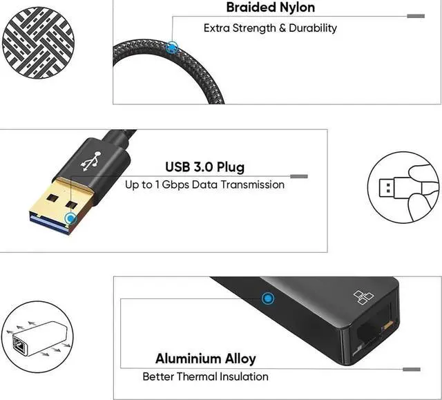 Alt view image 2 of 7 - USB to Ethernet Adapter, CableCreation USB 3.0 to 10/100/1000 Mbps Aluminum RJ45 LAN Network Adapter, Compatible with MacBook, Surface Pro, Laptop, PC, Windows, macOS and More