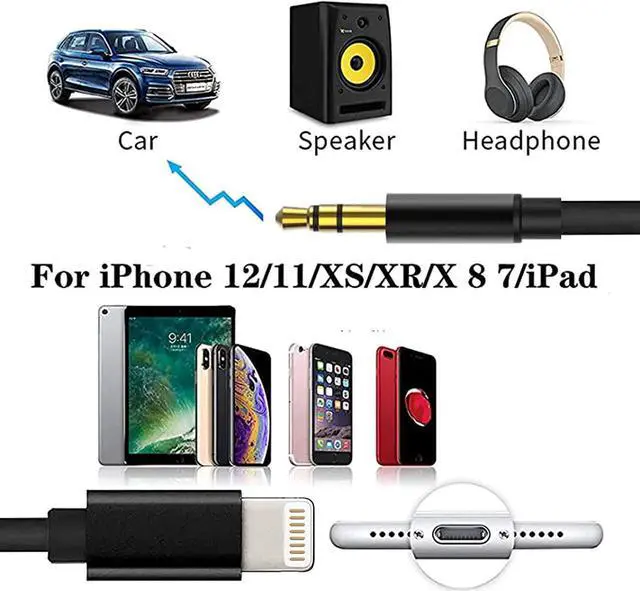 Alt view image 6 of 7 - Aux Cord for iPhone in Car Lightning to 3.5mm Aux Stereo Audio Cable 3.3FT Adapter Compatible with iPhone 13/12/11/XS/XR/X/8/7 for Car Home Stereo Speaker Headphone - Black 3.3 ft.
