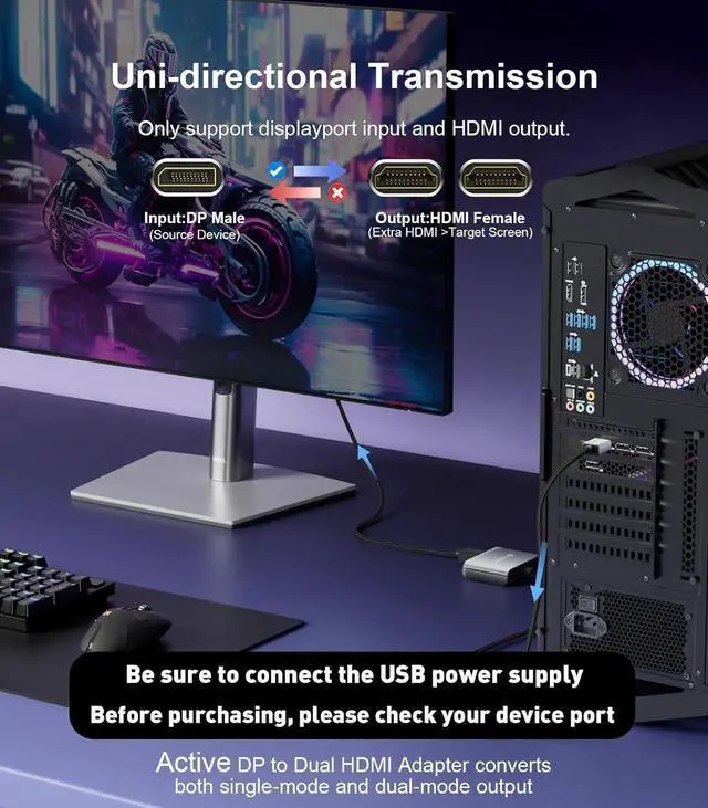 Alt view image 4 of 7 - DisplayPort to Dual HDMI Adapter 4K@60Hz Display Port to HDMI 1 in 2 Out Splitter for Dual Monitor Extended Display DP Source to 2 HDMI Adapter with PC Graphics Card HP and More