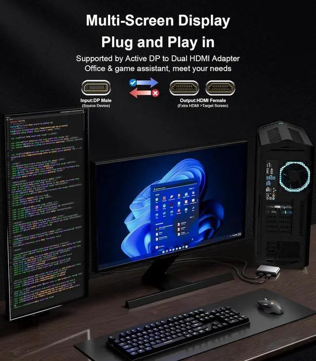 Alt view image 6 of 7 - DisplayPort to Dual HDMI Adapter 4K@60Hz Display Port to HDMI 1 in 2 Out Splitter for Dual Monitor Extended Display DP Source to 2 HDMI Adapter with PC Graphics Card HP and More
