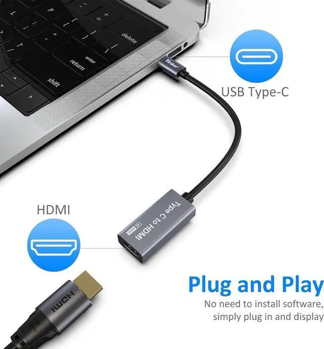Alt view image 2 of 7 - 4K USB C to HDMI Adapter Type-C to HDMI Adapter (4K@60Hz) HDMI Converter (Thunderbolt 3/4 Compatible) with MacBook Pro/Air iPad Pro iPhone 15 Series Galaxy Chromebook...