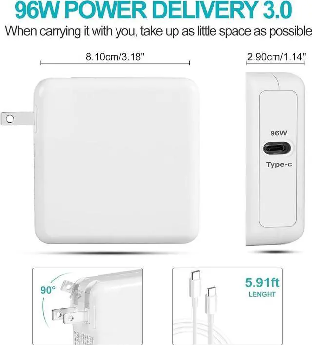 Alt view image 2 of 7 - MacBook Pro Charger for MacBook Air 13 14 15 16 inch 2024 2023 2022 2021 2020 M1 M2 M3 chip Laptop 96W USB C Power Adapter Mac Book Computer Fast Charger Block for USBC Device Included Type C Cable