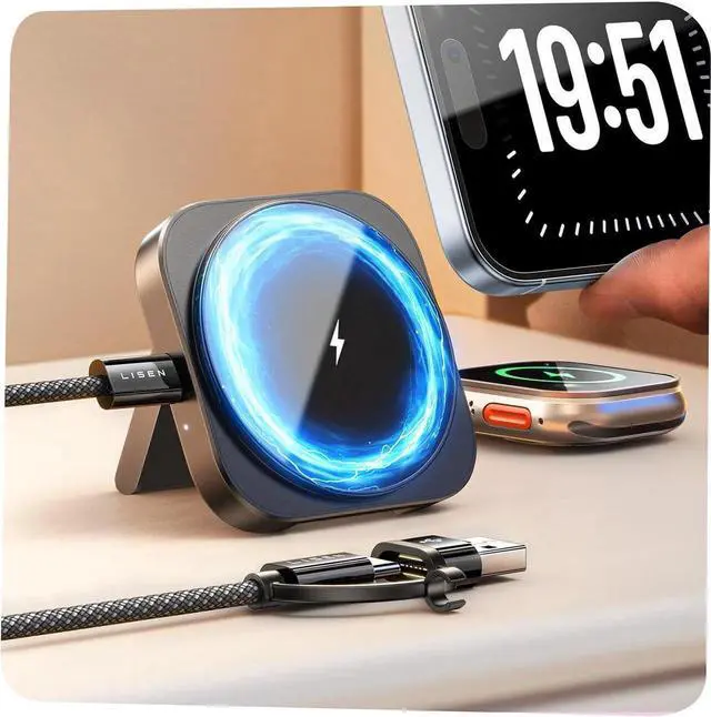 Main image of Travel Charger Charging Station for Apple Magsafe Charge for iPhone 16 Travel Essentials Gift for Women and Men Magsafe Accessories Wireless Charger for iPhone 16/15/14/13/12 Airpods Watch