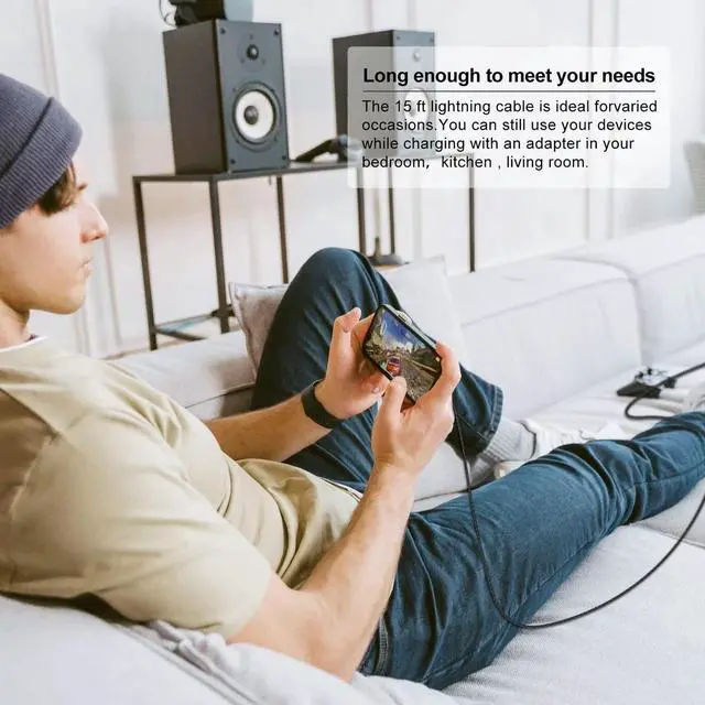 Alt view image 4 of 7 - 15 FT Extra Long iPhone Charger Cord [Apple MFi Certified] Long Apple Lightning Cable 5M 2.4A Nylon Braided iPhone Fast Charging Cord for iPhone 14/14pro/13/12/11/11Pro/X/XS/XR/XS Max/8/7