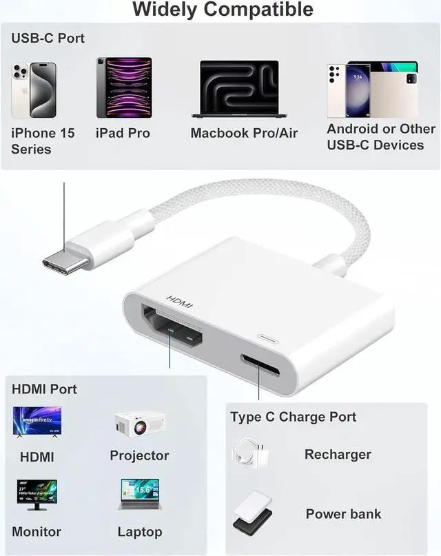Alt view image 6 of 7 - USB C to HDMI Adapter for iPhone 16 15 to TV 4K Sync Screen Connector Cable Type C Digital AV Adapter for TV/Projector/Monitor No Power Needed