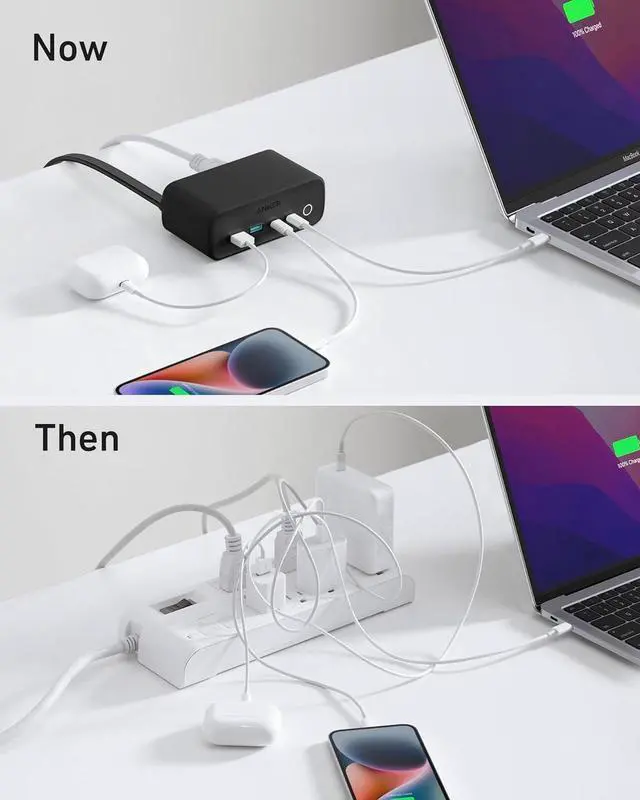 Alt view image 4 of 7 - 525 Charging Station 5 ft Thin Cord and Flat Plug 7-in-1 USB C Power Strip for iPhone 15/14 3 AC 2 USB A 2 USB C 65W Power Delivery Desktop Accessory for MacBook Pro Office (Phantom Black)