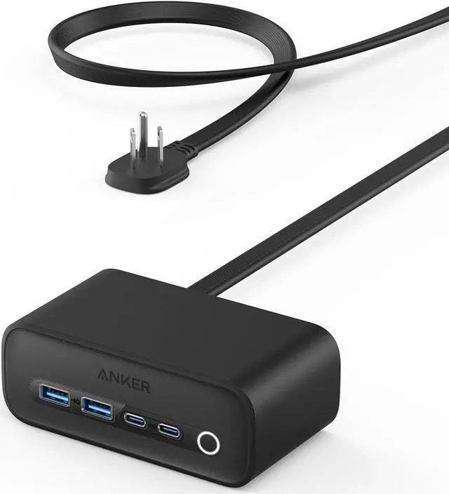 Main image of 525 Charging Station 5 ft Thin Cord and Flat Plug 7-in-1 USB C Power Strip for iPhone 15/14 3 AC 2 USB A 2 USB C 65W Power Delivery Desktop Accessory for MacBook Pro Office (Phantom Black)