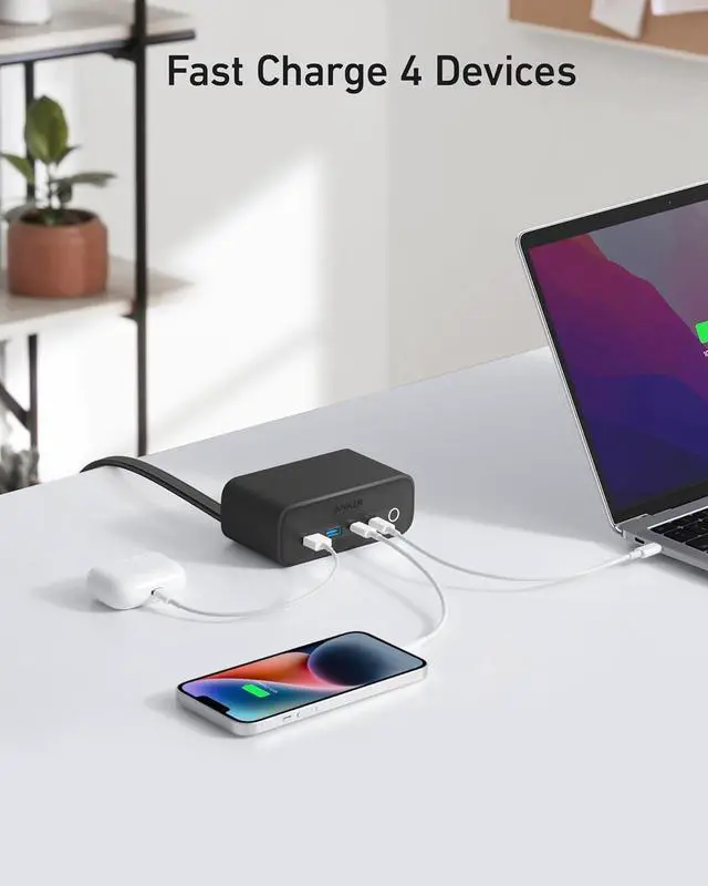 Alt view image 7 of 7 - 525 Charging Station 5 ft Thin Cord and Flat Plug 7-in-1 USB C Power Strip for iPhone 15/14 3 AC 2 USB A 2 USB C 65W Power Delivery Desktop Accessory for MacBook Pro Office (Phantom Black)