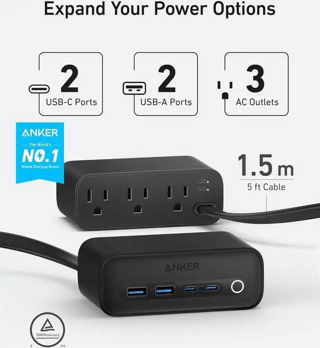 Alt view image 2 of 7 - 525 Charging Station 5 ft Thin Cord and Flat Plug 7-in-1 USB C Power Strip for iPhone 15/14 3 AC 2 USB A 2 USB C 65W Power Delivery Desktop Accessory for MacBook Pro Office (Phantom Black)