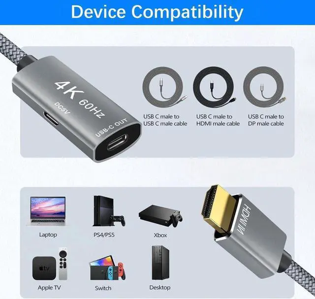 Alt view image 4 of 7 - HDMI Male to USB-C Female Cable Adapter with USB-C Power Cable Type C 3.1 (Display) to HDMI (Source) Converter 4K 60Hz Thunderbolt 3 Adapter for New MacBook Pro Mac Surface Xreal Air Rokid
