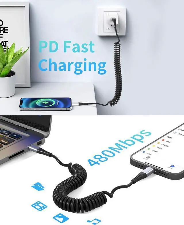 Alt view image 4 of 7 - Coiled USB C to Lightning Cable for Car 2 Pack 3FT Apple Carplay Cable Short Retractable iPhone Charger Fast Charging Cord for iPhone 14 13 12 11 Pro Max Xs X Xr 8/Airpods