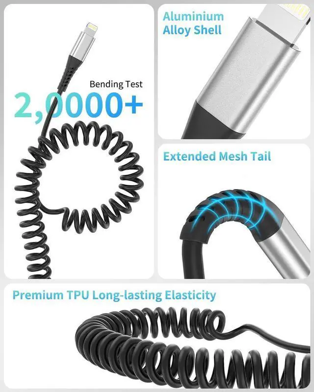 Alt view image 7 of 7 - Coiled USB C to Lightning Cable for Car 2 Pack 3FT Apple Carplay Cable Short Retractable iPhone Charger Fast Charging Cord for iPhone 14 13 12 11 Pro Max Xs X Xr 8/Airpods
