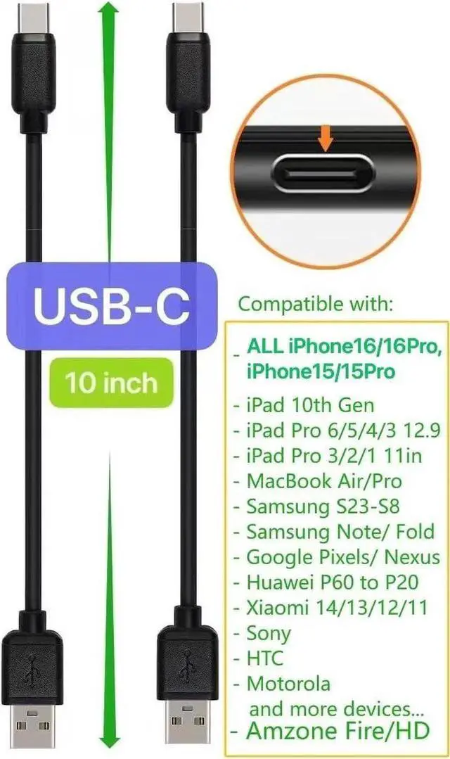 Alt view image 4 of 6 - 10-Pack Multi Short USB Cables & TypeC-C Cables for Charging Stations Compatible/w iPhone16 &15 iPhone5-14/ iPads/iPad Mini/iPad Pros/ Moblies & Tablets/Pixel & Nexus/HTC/Sony(Black)