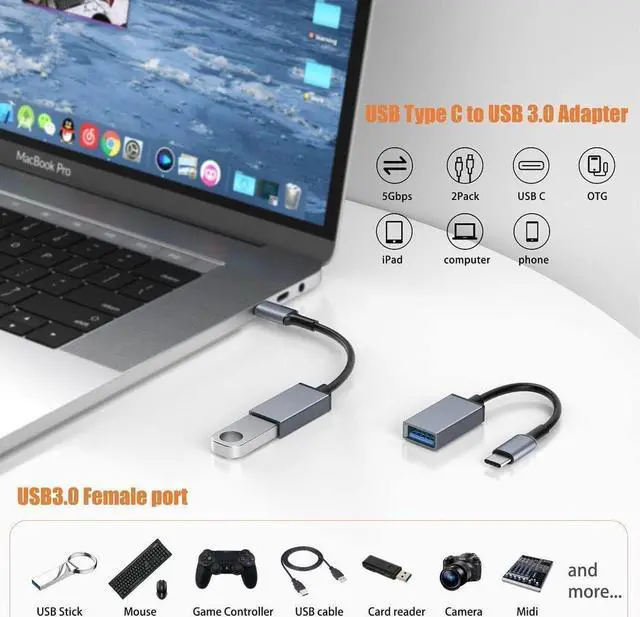 Alt view image 2 of 7 - USB C to USB 3.0 Adapter [2 Pack] USB C to USB A Adapter USB Type-C to USB Thunderbolt 3 to USB Adapter OTG Cable for iPhone 15/15 Pro/15 Plus/15 Pro Max MacBook Pro/Air Galaxy S20 etc.