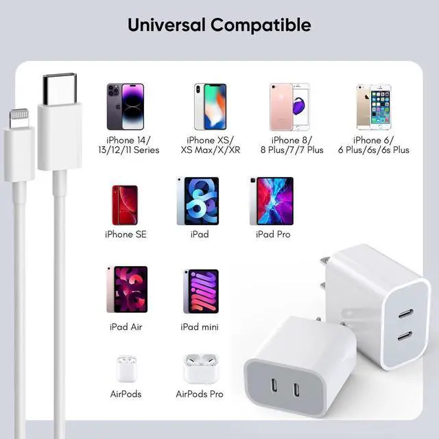 Main image of iPhone Charger [Apple Certified] 2Pack PD Dual USB C Charger Block Fast Charging Wall Charger Plug with 10FT Long Rapid Type C - Lightning Cable Apple Charger for iPhone 14/13/12/11 Pro/XS/XR/SE iPad