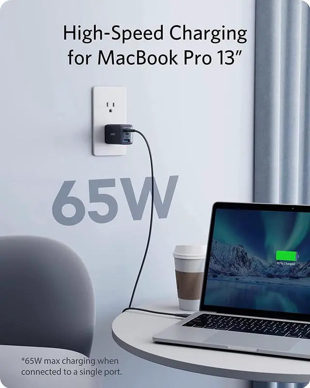 Alt view image 2 of 7 - An-ker USB C Charger, 735 Charger (Nano II 65W), PPS 3-Port Fast Compact Foldable Wall Charger for MacBook Pro/Air, iPad Pro, Galaxy S20/S10, Dell XPS 13, Note 20/10+, iPhone 13/Pro, Pixel, and More