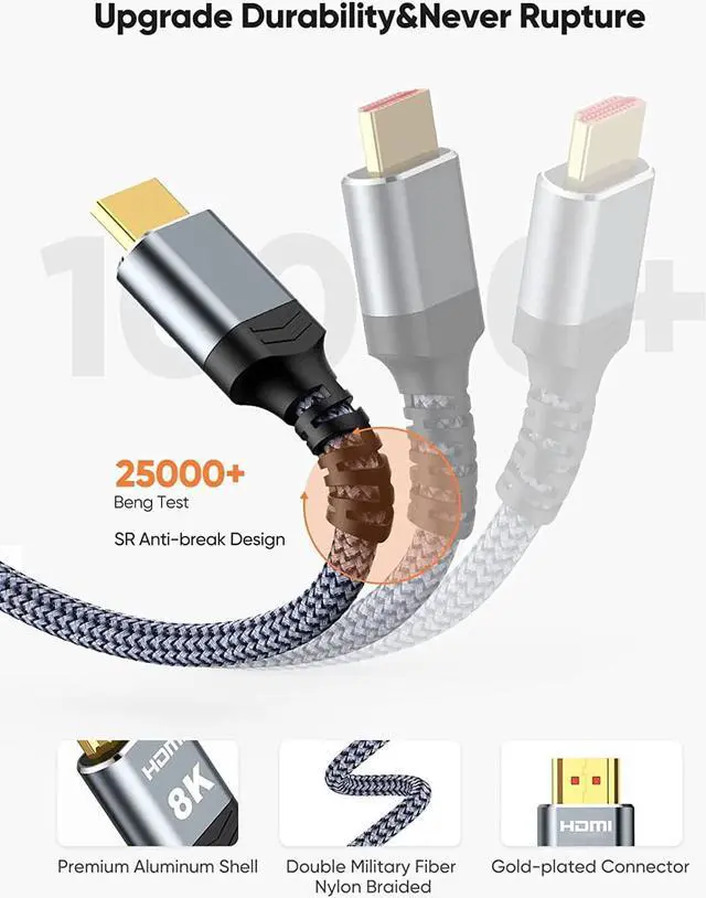 Alt view image 3 of 7 - 8K HDMI Cable 2.1 48Gbps , High Speed HDMI Braided Cord-4K@120Hz 8K@60Hz, DTS:X, HDCP 2.2 & 2.3, HDR 10 Compatible with Roku TV/PS5/HDTV/Blu-ray,2-Pack 10 ft.