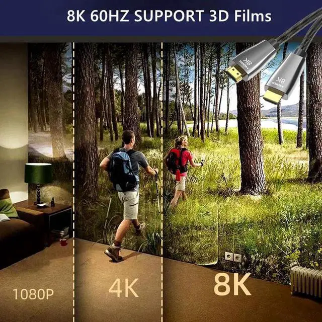 Alt view image 4 of 7 - 8K HDMI Cable 2.1 3.3FT,Slim 48Gbps High Speed HDMI Braided Cord-4K@120Hz 144Hz 8K@60Hz, HDCP 2.2&2.3, Dynamic HDR,eARC,DTS:X,RTX 3090,Dolby Compatible with Roku TV/HDTV/PS5/Blu-ray