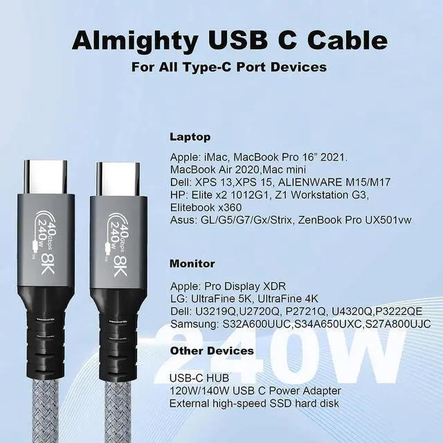 Alt view image 3 of 7 - 240W USB4 Cable, 5FT, 40GBps Data Transmission, 240W (48V5A) PD Super Fast Charge, 8K@60Hz HD Extension for Thunderbolt 4, Mobile Phone, Notebook, MAC, SSD, PD3.1 and QC4.0