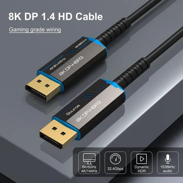 Alt view image 5 of 7 - 8K Long DP Fiber Optic Cable 16FT/5, Displayport 1.4 Cable, 32.4Gbps Ultra High Speed, 8K@60Hz, 4K@144Hz, Support HBR3, DSC 1.2, HDR10, Compatible with Graphics Card, Projector, Monitor