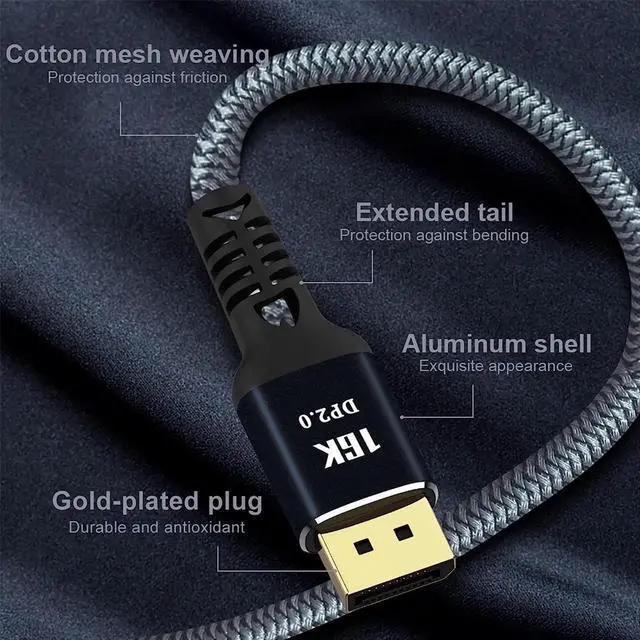 Alt view image 3 of 7 - 16K DisplayPort 2.0 Cable 3.3ft Supports 16K@60Hz, 10K@60Hz, 8K@60Hz, 4K@165Hz, 4K@144Hz, 80Gbps, Dynamic HDR Compatible with Monitor Video Graphics Card etc