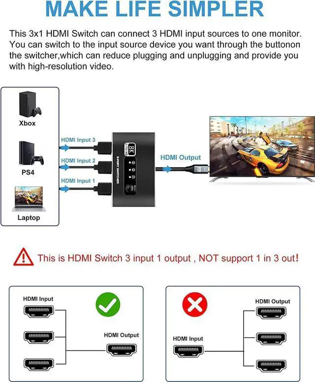 Alt view image 4 of 7 - HDMI 2.1 SwitchAluminum Alloy 8K@60Hz HDMI Switch 3 in 1 Out, 3x1 HDMI Switcher Selector, Supports 4K@120Hz, Ultra HD, 4K HDMI Selector Switcher for Game Consoles, Fire Stick