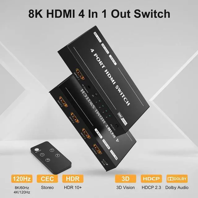 Alt view image 2 of 6 - 4 port 8K HDMI Switch Splitter 4 In 1 Out HDMI 2.1 Switcher 8K@60Hz 4K@144Hz for Switch Multiple Source and Display Compatible with PS5 Xbox Set-top Box etc More