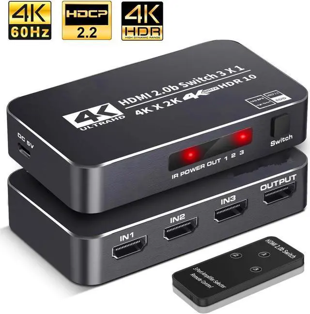 Main image of 4K HDR HDMI Switch, 3 Ports 4K 60Hz HDMI 2.0 Switcher Selector with IR Remote, Supports Ultra HD Dolby Vision, High Speed (Max to 18.5Gbps), HDR10, HDCP 2.2 & 3D