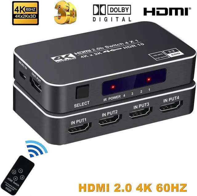 Main image of 4K HDR HDMI Switch,  4 Ports 4K 60Hz HDMI 2.0 Switcher Selector with IR Wireless Remote, Supports UltraHD Dolby Vision, High Speed(Max to 18.5Gbps), HDR10, HDCP 2.2 & 3D