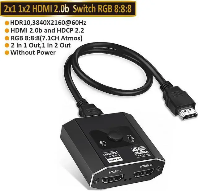 Main image of HDMI Switch HDMI Splitter,  4K@60hz Aluminum HDMI 2.0 Switcher 2 in 1 Out, HDMI Splitter 1 in 2 Out,Bi-Directional Switch Support 4K 3D HDR for Xbox PS5/4/3 Blu-Ray Player Fire Stick Roku HDTV