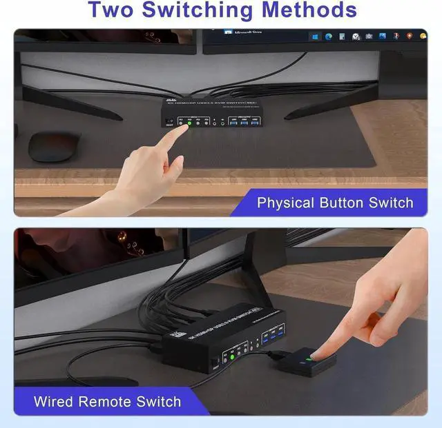 Alt view image 4 of 7 - 8K@60Hz KVM Switch 3 Monitors 4 Computers 4K@144Hz, 2 DisplayPort +1 HDMI KVM Switch Triple Monitor for 4 Computer with Audio and 3 USB 3.0 Ports, 3 Monitor KVM Switches Keyboard Mouse Switcher