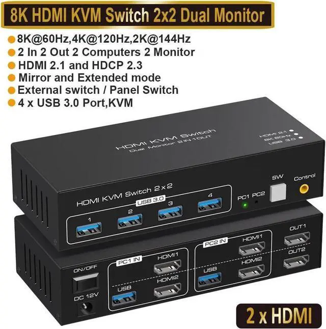 Main image of Vszerda Dual Monitor HDMI KVM Switch 2 in 2 Out, 2 Port 4K@120Hz 8K@60Hz HDMI USB KVM Switcher for 2 Computers 2 Monitors with 4X USB 3.0 Ports, Support Windows, MacOS, Linux, Unix (2 Port HDMI)