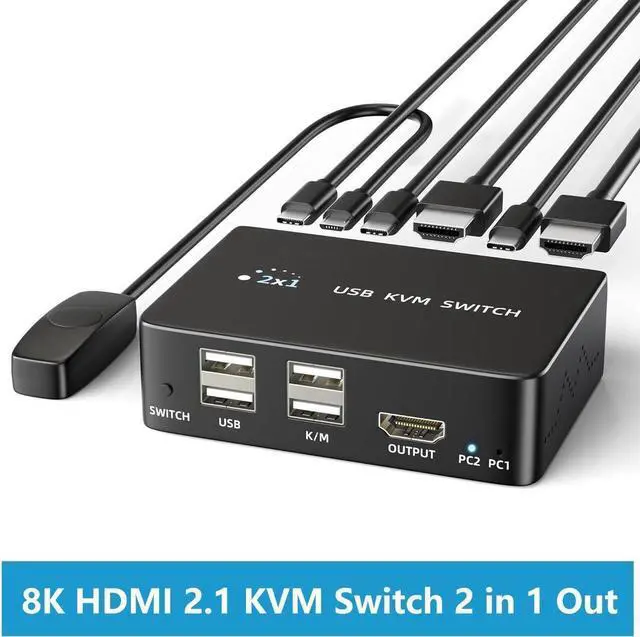 Main image of 8K@60Hz HDMI 2.1 USB KVM Switch 1 Monitors 2 Computers, 4K@120Hz USB switcher HDMI KVM Switch 2 in 1 Out with Remote and 4 USB 2.0 Port, 2 USB Cables and 1 Desktop Controller for Work or Entertainment