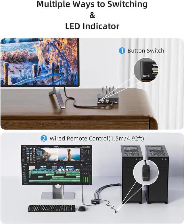 Alt view image 4 of 7 - 8K@60Hz HDMI 2.1 USB KVM Switch 1 Monitors 2 Computers, 4K@120Hz USB switcher HDMI KVM Switch 2 in 1 Out with Remote and 4 USB 2.0 Port, 2 USB Cables and 1 Desktop Controller for Work or Entertainment